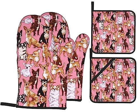 Chiwawas Lot de 4 maniques et maniques en forme de chien - Résistantes à la chaleur - Pour barbecue, cuisine, micro-ondes, facile à nettoyer - Rose
