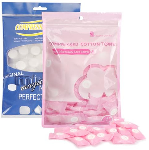 Classycoo Compressed Towel 200 PCS Mini Tablets Disposable Portable Face Towel Cotton Coin Tissue for Travel, Camping, Hiking, Sport, Home Hand Wipes and Other Outdoor Activities (Blue+Pink)