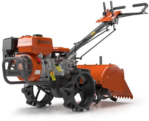 NOVUS 18-Inch Dual Direction Rear Tine Tiller, 212cc 4-Cycle Gas Engine, Full Gear Transmission, Dual Rotating Tines, Airless Tires Gas Tiller for Small to Large Gardens