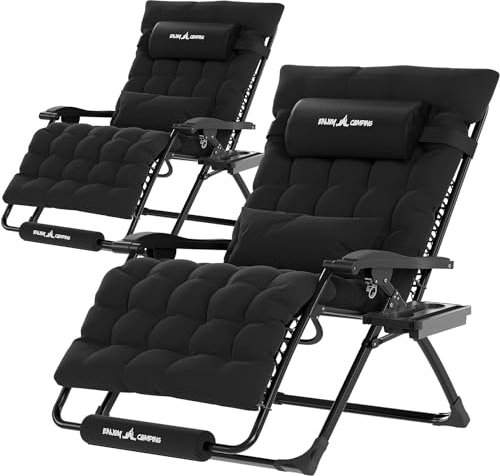 UDPATIO 2er Sonnenliege Liegestuhl Klappbar Mit Getränkehalter Gartenliege Mit Auflage Polster, 78cm Extra Breiter Gartenstuhl, Verstellbar Rückenlehne mit Kissen-Unterstützung Schwarz