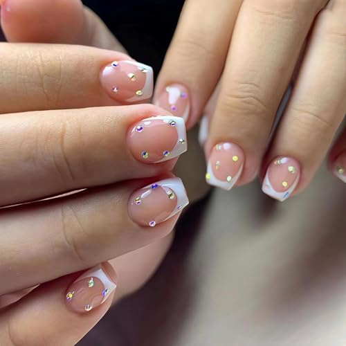 Weiße, kurze, quadratische Kunstnägel mit French-Tip-Design und bunten Strasssteinen – wiederverwendbar, komplett aus Acryl, zum Aufkleben, für Frauen und Mädchen, 24 Stück