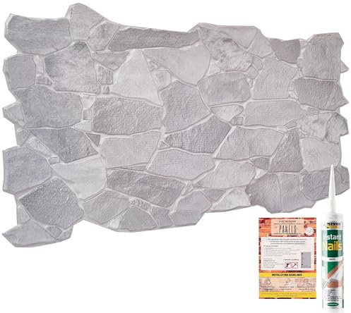 NOVECRAFTO Wild Stone Effect 3D Wall Panels - 37.79x18.89 in (96x48cm) - 6 Sheets Covering 29.76 sqft (2.76 sqm) - Decorative Wall Cladding for Bedroom, Office, Kitchen in Grey Wild Stone Design