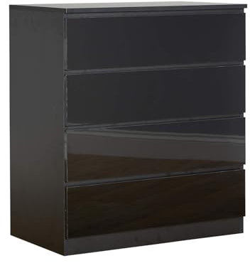 Home Source Chest of Drawers, High Gloss Finish Compact Bedroom Cabinet, Spacious Dresser Storage, 4 Drawer, Black