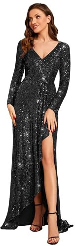 Ever-Pretty Women's Sexy Winter Sequin Dress Long Sleeves A-Line High Low Maxi Evening Dresses Black 12UK