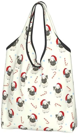 Buewutiry Große Tragetasche für Damen, leicht, Motiv: Mops, Hund, wiederverwendbar, faltbar, Einkaufstaschen für Lebensmittel, Stofftaschen, Arbeit, Strand, Reisen, mit Griffen, 2 Stück
