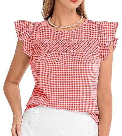 Belle Poque Chemisier à carreaux vintage à manches courtes plissées à col rond pour femme, rouge/blanc, XXL