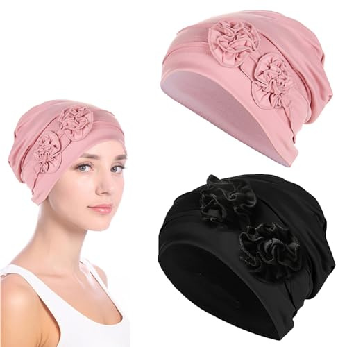 mtuihfo 2pcs Chemo Headwear for Women, Flower Design Soft Beanie Hats, Sleep Caps Cancer Headwear with Hair Loss (Black+Pink)