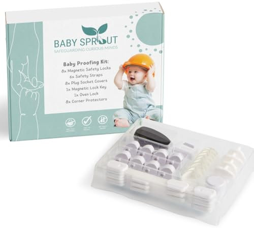 BABY SPROUT® Cupboard Locks for Children | Baby Proofing Kit (32-Piece) | Child Locks for Kitchen Cupboards | Plug Socket Covers UK | Oven Safety Child Lock | Corner Protectors | No Tools Needed