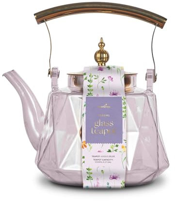 Charbrew 1000ml Pink Lustre Glass Teapot with Infuser - Borosilicate Glass, Gold Lid & Handle - for Loose Leaf Tea, Teabags & Blooming Tea - Serves 5 Cups