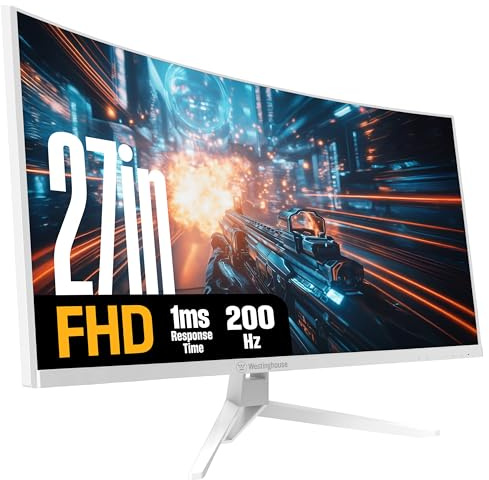 Westinghouse 27 White Full HD Curved Gaming Monitor 200Hz AMD FreeSync Support Low Motion Blur 1500R Curve 1920x1080 for PC Gaming with Built-in Speakers