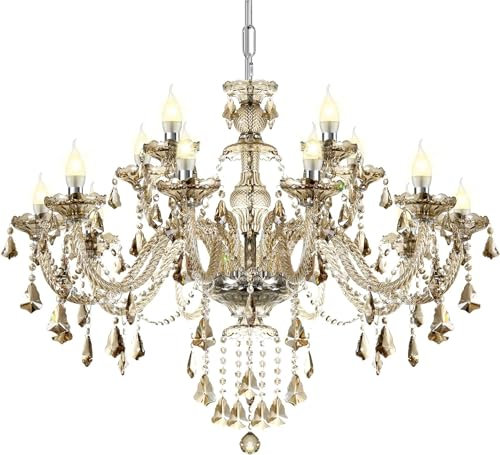 Ridgeyard Moderna lámpara de araña de cristal, 15 luces K9 Cristal Lámpara de techo colgante con cadena ajustable para el dormitorio, sala de estar, comedor, hotel, entrada (E14, Color Coñac)