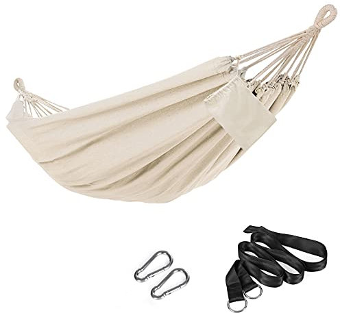 SONGMICS Hängematte aus Baumwolle für Terrasse, Veranda, Garten oder Garten Lounging - robust, leicht und tragbar - für drinnen und draußen, Natur 98 3/8 L x 59 1/8 W natürliches weiß