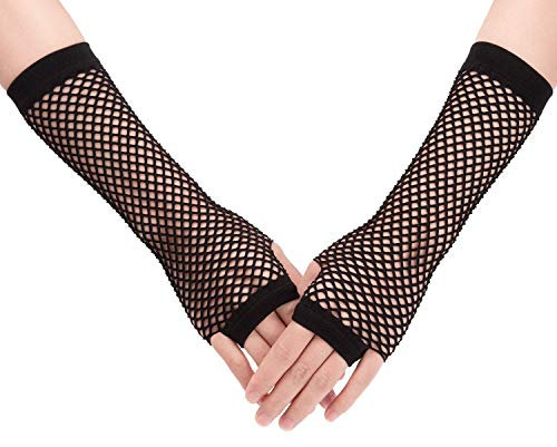 SAVITA Lange Fischnetz Handschuhe für 80er Kostümabend Partyzubehör (1 Paar) (Black)