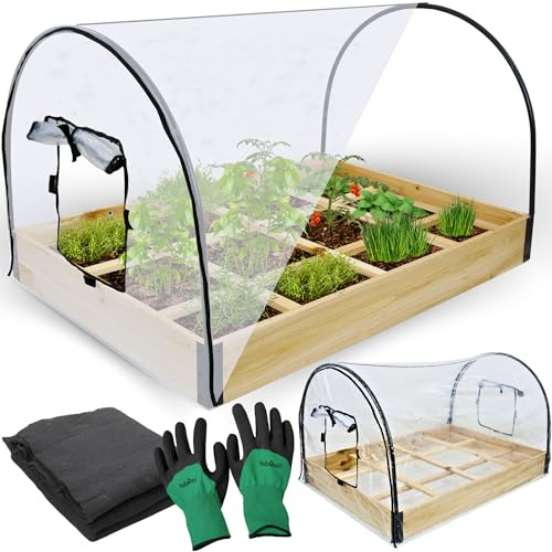 holz4home® Gemüsebeet aus Tannenholz I 115x80x68 cm I Treibhaus mit Abnehmbarer Folie I inkl. Gartenhandschuhe & Einlegevlies I Frühbeet Anzuchtbeet Gartenbeet Blumenbeet Hochbeet
