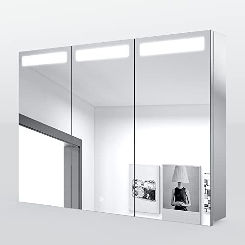 SONNI Spiegelschrank Bad mit Beleuchtung 3-türig LED Spiegelschrank 65 x 90 cm Badezimmer Spiegelschrank Edelstahl Badspiegelschrank mit Touch-Schalter
