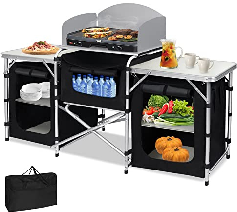 YRHome Campingküche Outdoor Camping Küche Campingschrank Reiseküche mit Aluminiumgestell Tragetasche Küchenbox Faltschrank Zeltschrank Stoffschrank faltbar Windschutz Modelle wählbar
