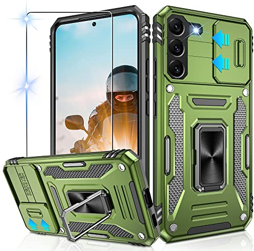 Jshru for Samsung S22 Case with Slide Camera Cover [Camera Protection],Military Grade Shockproof S22 Case with Ring Kickstand, Anti-Scratch Armour Phone Cover for Samsung Galaxy S22,Green