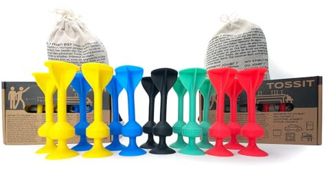 TOSSIT Jeu Fléchette Ventouse, Pétanque Intérieur Extérieur pour Sol et Mur, Silicone Puissant et Durable, Twin Pack, Rouge Cyan Bleu Jaune
