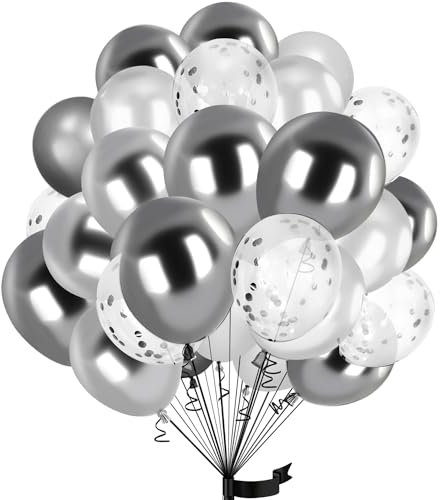 30Stück Weiß Luftballon Set, 12 Zoll Metallic Chrom Rot Weiß Konfetti Ballons Weiß und Silber Helium ballon Latex,für Kinder Geburtstag, Hochzeit, Babyparty, Dekoration