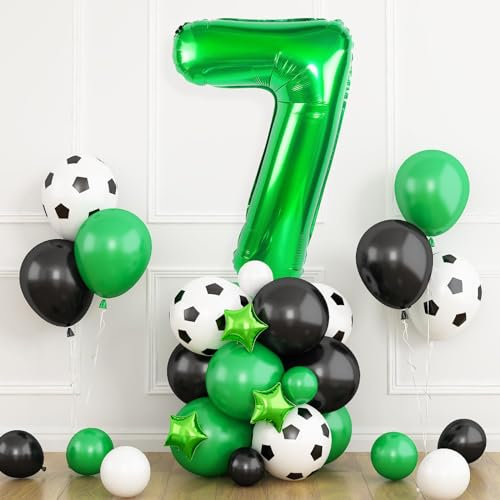 Football Balloons 7th Birthday Decorations for Boy, Soccer Birthday Party Decorations with Dark Green Number Balloon 7, Black Green White Balloons for World Cup Football Sports Theme Party Supplies