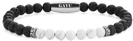GAVU Herren Naturstein Armband mit Lavastein und Howlite Perlen L