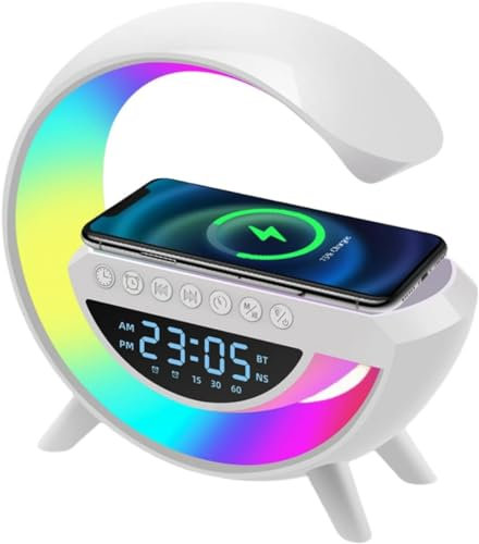 Cassa Speaker BT WiFi Lampada G con Ricarica Smartphone Induzione Fast Qi con Orologio Sveglia LED RGB
