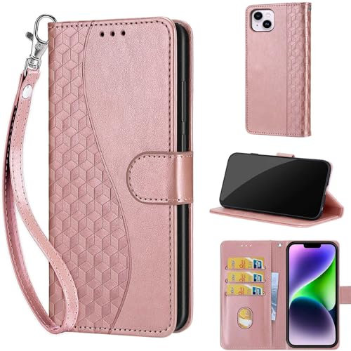 KENHONER Phone Case for iPhone 14 Plus Case, Premium PU Leather Wallet Flip Case with Card Slots Kickstand Magnetic Closure compatible iPhone 14 Plus Cube-Rose Gold