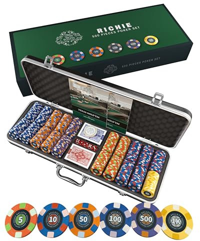 Bullets Playing Cards, Pokerkoffer Richie, Pokerset, mit 500 Keramik Pokerchips mit aufgedruckten Werten, inkl. Keramik Dealerbutton