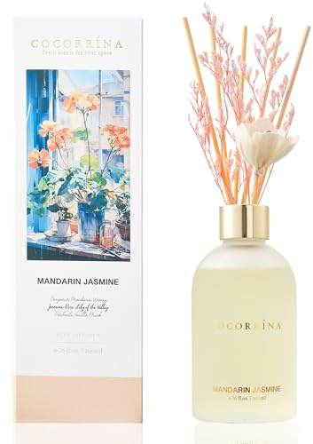 Cocorrína Raumduft mit 8 Duftstäbchen 200ml, Mandarine Jasmin Blume Zimmerduft, Reed Diffuser für Badezimmer Regal Dekoration