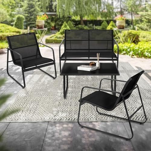 ML-Design Gartenmöbel Set 4-tlg, Schwarz, Balkonmöbel aus Stahl & Textilene für 4 Personen, Garten Sitzgruppe mit Glastisch, Sofa und 2 Sesseln, wetterfest, Gartengarnitur Outdoor für Balkon, Terrasse