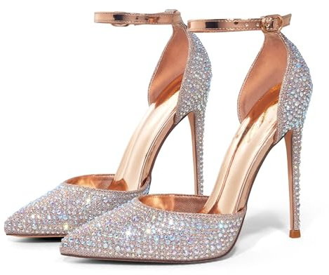 Zhabtuc High Heels, Women Pumps D'Orsay Ankle Strap Pointed Toe Stiletto Heels Rhinestone Party Wedding Shoes, Champagne Gold Rhinestone, 7.5 UK