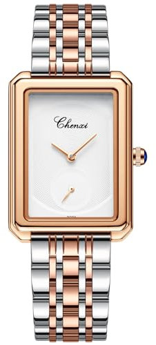 JewelryWe Damenuhr Rechteckige Uhr Damen: 30m Wasserdicht Analog Quarz Armbanduhr Frauen Edelstahl Armband Einfache Ultradünne Uhr mit Kleinem Sekundenzifferblatt Rosegold/Silber