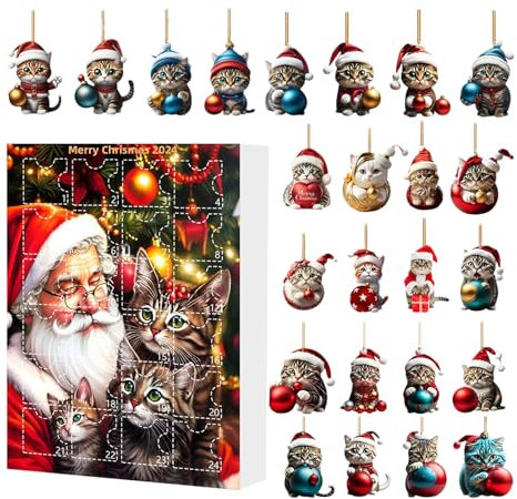 Christmas Vacation Adventskalender, Happy Christmas Cats Adventskalender, 24 Tage Weihnachten Katze Ornament Kalender, Katze Adventskalender 2024 für Urlaub Party, Home Decor, Countdown Geschenk (D)