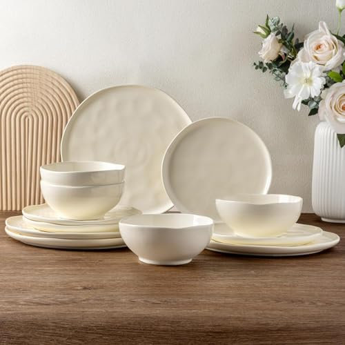 GBhome Steingut Geschirrset 6 Personen, 24-tlg Reaktive Glasur Handarbeit Geschirr Set, Mikrowellen- & Spülmaschinenfest Schüssel- und Teller Set, Gesprenkeltes Beige