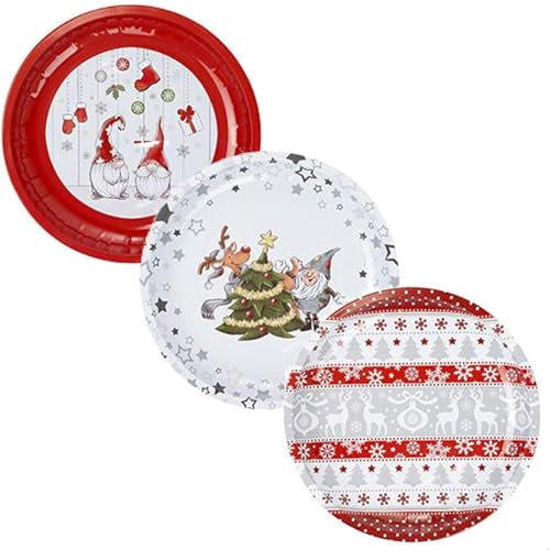 Land-Haus-Shop® Schickes Weihnachtsteller SET, 3x Weihnachts Advent Teller Metall 26cm, 3 Design (3er Set rot-weiß 26cm)