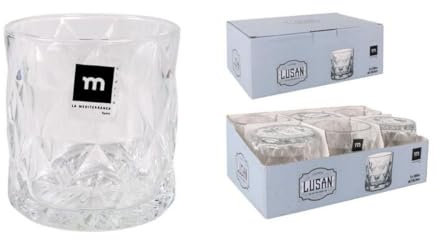 Juego de 6 Vasos de Cristal Transparente - Para Agua, Whisky, Zumos, Refrescos | Set de 6 Tazas de Cristal Fuerte y Resistente - Uso Diario, Eventos, Hogar o Professional (Lusan - 350 ml)