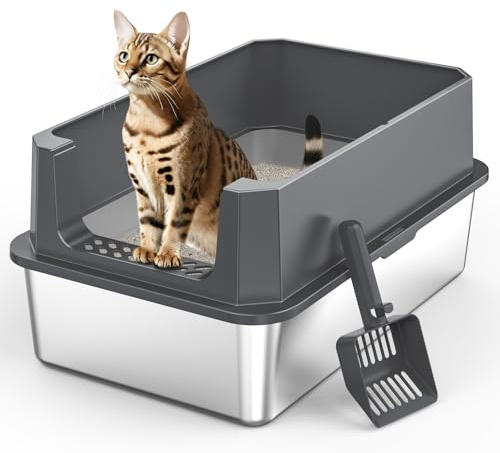 MIXJOY Katzenklo Edelstahl XL, Katzentoilette Edelstahl 28L Groß Kapazität Auslaufsicher mit Hohem Rand, Offene Katzenklo mit Streuschaufel, 56.5x36.5x25.5cm