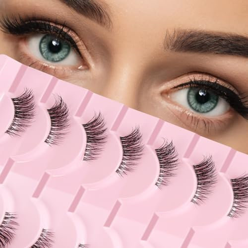 AUYAO Demi Faux Cils Bande Transparente, 10 Paires 3D Russian Fake Cils Naturel Fluffy, Fox Eye Lashes Cat Eye Lashes Moelleux, Professionnels Épais False Eyelashes Réutilisables
