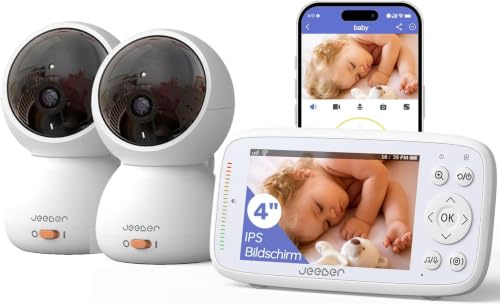 jeeber WLAN Babyphone mit 2 Kameras App, 4-Zoll-IPS Baby Monitor, PTZ 360° | 1080P, HDR-Nachtsicht, 2-Wege-Audio, Temperatur, Weinen/Bewegungserkennung, Bereich alarme, Große Reichweite Video Babyphone