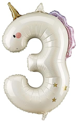 XXL Einhorn Folienballon Zahl 3 Geburtstag Deko Mädchen – Riesiger Zahlenballon Creme Gold mit Holografie Effekt – Für 3. Kindergeburtstag – Helium & Luft Geeignet