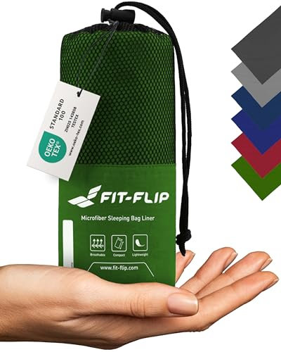 Fit-Flip Hüttenschlafsack Ultraleicht, Mikrofaser Schlafsack Inlay mit extra Kissenfach, Inlett Schlafsack seidig weich, Reiseschlafsack als auch Innenschlafsack, Moosgrün