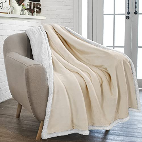 PAVILIA Sherpa Fleece Throw Blanket for Couch, Cream Beige, Plush Soft Fuzzy Sofa Blanket, Cozy Reversible Winter Throw for Women Men, 50x60 Inches