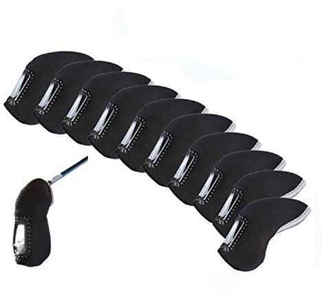 FLTRADE Golf Club Iron Head Covers With Plastic Window Display,Neoprene Material Bring For Titleist Taylormade Ping Callaway-pack of 10,Black