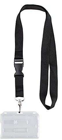 Porte Carte Double avec Boitier Rigide Transparent - Pour Carte Bancaire, Professionnelle ou Autre - Format Noir Tour de Cou : 212 x 80 mm - Format Boitier : 92 x 55 mm