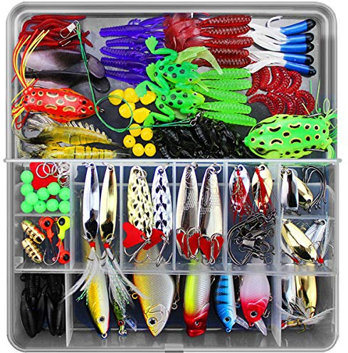 Leurres de pêche Kit avec Boîte à Outils Portable, RoseFlower 141 Pièces Flottante Set Appât de Pêche Hameçons Basse Accessoires Avec Spinnerbaits, Plastique vers, Minnow, Grenouille Appât - Baits Kit