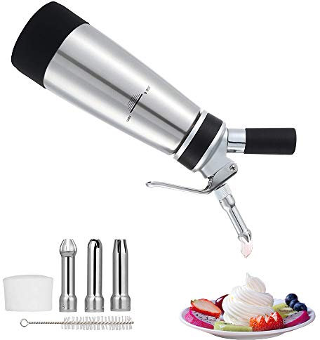 Edelstahl Sahne-Siphon für die Küche, Profi-Syphon aus Edelstahl mit Sahneffekt plus 3 dekorative Düsen aus Edelstahl