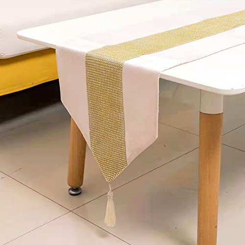 Deggodech Beige Tischläufer mit Quaste 32 x 210 cm Lang Modern Glitter Tischläufer Gold Diamant Table Runner für Küchentisch, Kaffeetisch, Kommode,Weinschrank Dekoration (210cm, Beige)