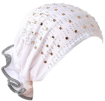 Hijab Kopftuch mit Blumen und Strasssteinen Damen Mütze Kopftuch Hair Bonnet bei Haarverlust Chemo Mütze Kopfbedeckungen Turban Moslem Islamische Kopfkappe (Weiß)