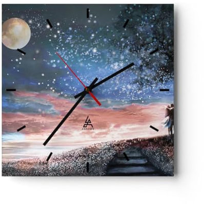 Modern Wanduhr Himmel Mond Liebhaber 30x30cm Quadrat Klein Wand Uhr Glas Analog Zimmeruhren Küche Büro Wohnzimmer Glasuhr Wall Clock Dekoration Design Wanddekoration Küchenuhr C3AC30x30-4800