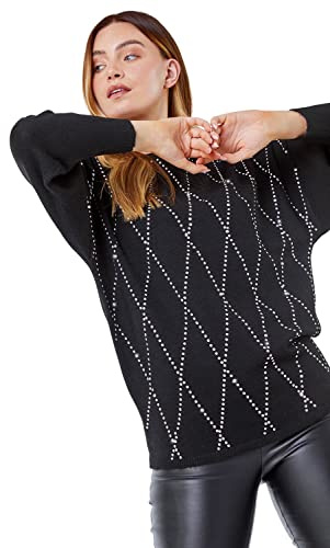 Roman Originals Batwing Sleeve Embellished Jumper for Women UK - Ladies Everyday Holiday Autumn Winter Long Sleeve Comfy Soft Evening Vacation Work Party - Black - Size 12